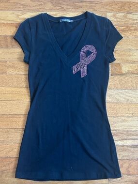 Unik Black V-Neck Tee with Pink Rhinestone Awareness Ribbon